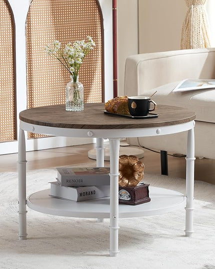 VINGLI 25.6" Dark Walnut White Round Farmhouse Coffee Table, 2-Tier Storage Wood Center Circle Accent Table for Living Room, Bedroom, Apartment, Studio and Small Spaces, Sturdy Metal Frame - LeafyLoom
