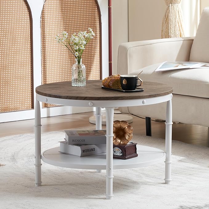 VINGLI 25.6" Dark Walnut White Round Farmhouse Coffee Table, 2-Tier Storage Wood Center Circle Accent Table for Living Room, Bedroom, Apartment, Studio and Small Spaces, Sturdy Metal Frame - LeafyLoom