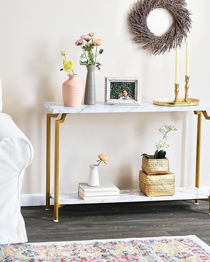 Household Essentials Crown Console Sofa Table with Storage Shelf White Marble and Gold Metal - LeafyLoom
