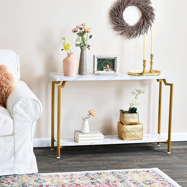 Household Essentials Crown Console Sofa Table with Storage Shelf White Marble and Gold Metal - LeafyLoom