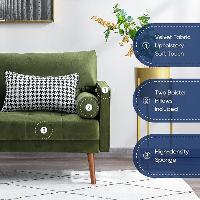 Vonanda Velvet Sofa Couch, Mid Century Modern Craftsmanship 73 inch 3-Seater Sofa with Comfy Tufted Back Cushions and 2 Bolster Pillows for Compact Living Room, Elegant Mustard Green - LeafyLoom