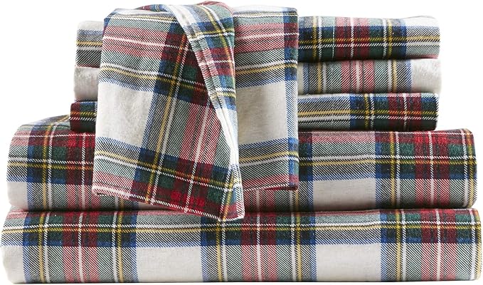 Comfort Spaces Cotton Flannel Breathable Warm Deep Pocket Sheets With Pillow Case Bedding, Twin, Scottish Plaid Red, 3 Piece - LeafyLoom