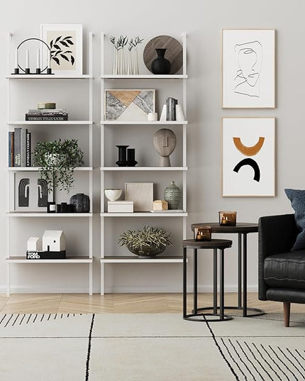 Nathan James Theo 5-Shelf Modern Bookcase, Open Wall Mount Ladder Bookshelf with Industrial Metal Frame, Gray Oak Wood/White - LeafyLoom