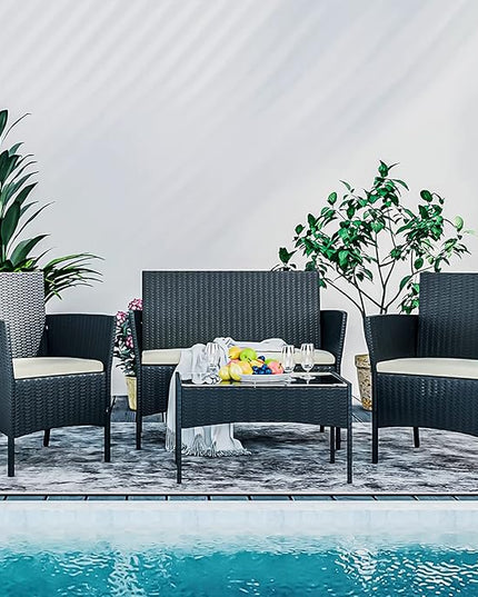 MoNiBloom 4 Pieces Patio Furniture Sets, Non Slip Foot Pads Wicker Rattan Sofa Chair with Soft Cushions and Sturdy Coffee Table for Backyard Porch Garden Poolside Balcony, Capacity 250 lbs, Black - LeafyLoom