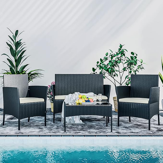 MoNiBloom 4 Pieces Patio Furniture Sets, Non Slip Foot Pads Wicker Rattan Sofa Chair with Soft Cushions and Sturdy Coffee Table for Backyard Porch Garden Poolside Balcony, Capacity 250 lbs, Black - LeafyLoom