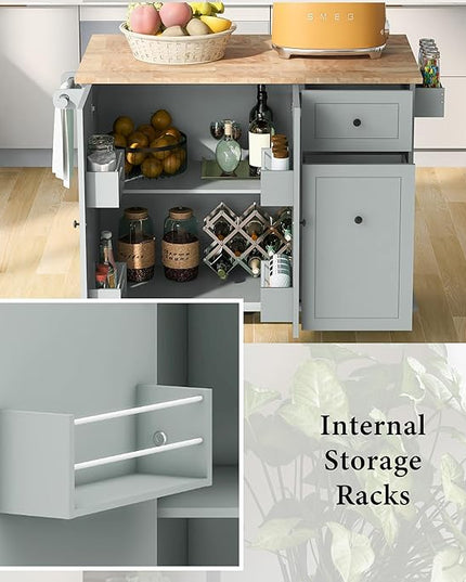 53.9" Drop Leaf, Rolling Island on Wheels w/Drawer and 3-Tier Pull Out Cabinet Organizer, Kitchen Storage Cart with Spice, Towel Rack, Grey Blue, 53.94 Inch - LeafyLoom
