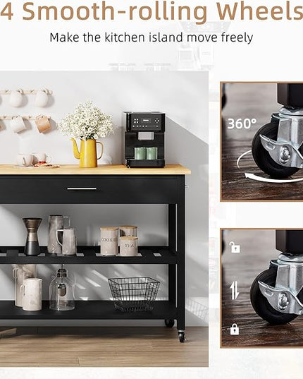 Shintenchi Kitchen Island Cart with Storage,Rolling Kitchen Island Side Table on Wheels with Large Worktop,Storage Cabinet,Towel Rack,Drawers and Open Shelves for Kitchen,Dinning Room,Black - LeafyLoom