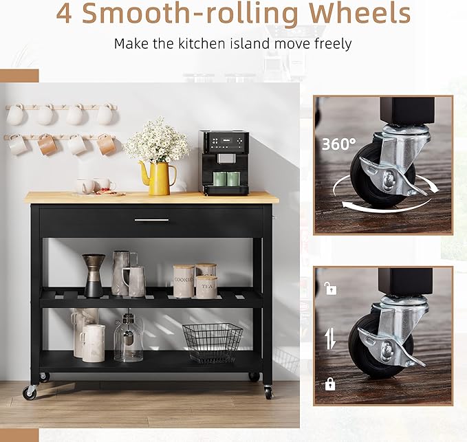 Shintenchi Kitchen Island Cart with Storage,Rolling Kitchen Island Side Table on Wheels with Large Worktop,Storage Cabinet,Towel Rack,Drawers and Open Shelves for Kitchen,Dinning Room,Black - LeafyLoom