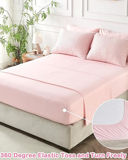 Twin Size Tufted Kids Comforter Set 6 Piece Pink Jacquard Tufts Embroidery Bedding Set for Girls Bed in A Bag Quilt with 1 Comforter, 1 Flat Sheet, 1 Fitted Sheet, 1 Pillowcase and 2 Pillow Sham - LeafyLoom