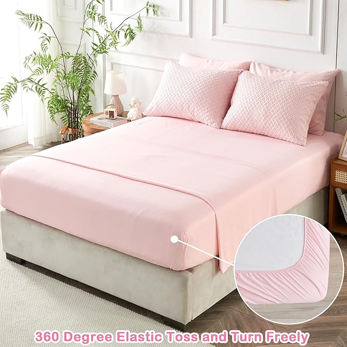 Twin Size Tufted Kids Comforter Set 6 Piece Pink Jacquard Tufts Embroidery Bedding Set for Girls Bed in A Bag Quilt with 1 Comforter, 1 Flat Sheet, 1 Fitted Sheet, 1 Pillowcase and 2 Pillow Sham - LeafyLoom