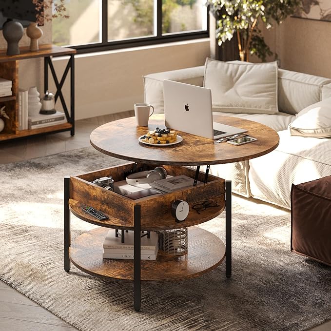 FABATO Round Lift Top Coffee Table with Storage and Hidden Compartment, 26.77'' Farmhouse Coffee Table for Living Room Reception Room, 2 Tier Small Round Coffee Table Circle Dining Table, Rustic Brown - LeafyLoom