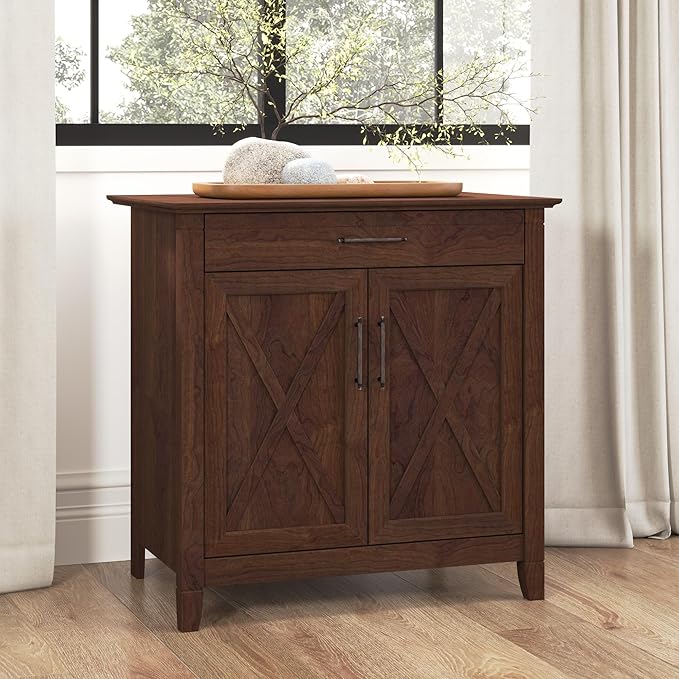 Bush Business Furniture Key West Secretary Desk with Keyboard Tray and Storage Cabinet, 30W x 20D, Bing Cherry - LeafyLoom