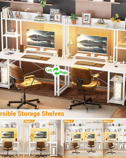 Cyclysio Gaming Desk with Hutch, 47'' Computer Desk with LED Lights & Power Outlets, Home Office Desk with Reversible 5 Tiers Storage Shelves & Monitor Stand, Small Gaming Table for Small Space, White - LeafyLoom