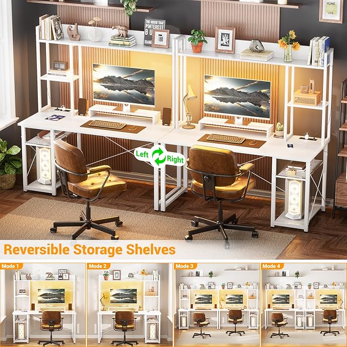 Cyclysio Gaming Desk with Hutch, 47'' Computer Desk with LED Lights & Power Outlets, Home Office Desk with Reversible 5 Tiers Storage Shelves & Monitor Stand, Small Gaming Table for Small Space, White - LeafyLoom