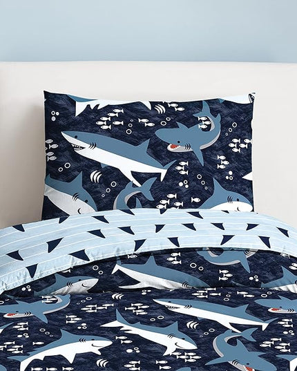 Dream Factory Sharks Boys Full Queen Size Boys Bedding Set Cotton Kids Comforter Set with Sham, 3 Piece, Full/Queen, Navy - LeafyLoom