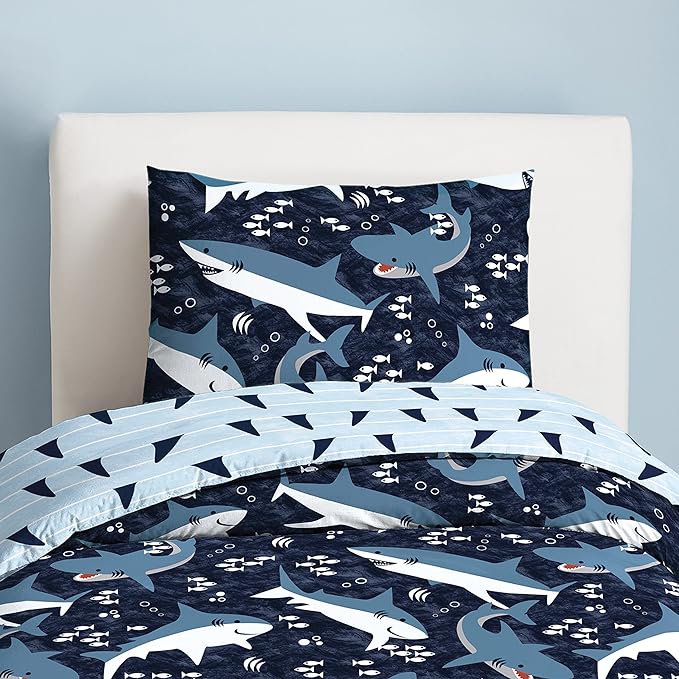 Dream Factory Sharks Boys Full Queen Size Boys Bedding Set Cotton Kids Comforter Set with Sham, 3 Piece, Full/Queen, Navy - LeafyLoom
