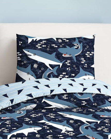 Dream Factory Sharks Boys Twin Size Boys Bedding Set Cotton Kids Comforter Set with Sham, 2 Piece, Twin, Navy - LeafyLoom