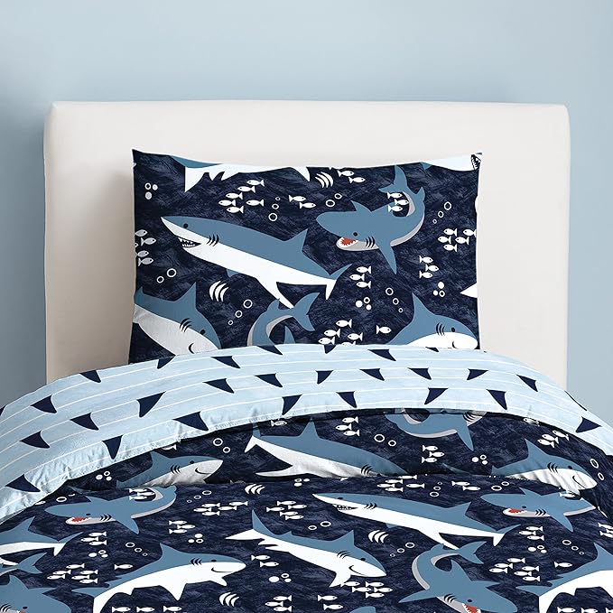 Dream Factory Sharks Boys Twin Size Boys Bedding Set Cotton Kids Comforter Set with Sham, 2 Piece, Twin, Navy - LeafyLoom