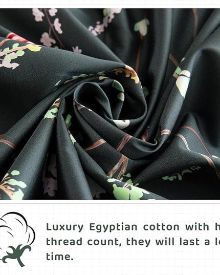 QSH Floral Egyptian Cotton Sheets Queen Size - Elegant Navy Botanical Pattern Printed Bedding Sheets Queen Size Bed Extra Soft and Breathable 4pcs Deep Pockets Bed Sheets - LeafyLoom