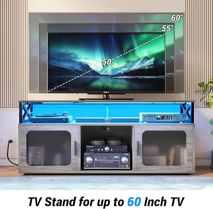 Aheaplus TV Stand for 55 60 Inch TV, Entertainment Center with LED Light & Charging Station, TV Console Table, Large Media Console Cabinet w/Soundbar Shelf, for Living Room, Bedroom, White Oak - LeafyLoom