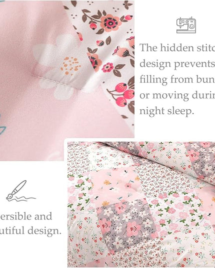 Whale Flotilla King Comforter Set, Soft Reversible Pink Bedding Comforter Set with Boho Pattern, 1 Micoriber Patchwork Comforter and 2 Pillow Shams, 3 Pieces - LeafyLoom