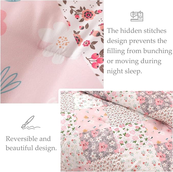 Whale Flotilla Queen Full Comforter Set, Soft Reversible Pink Bedding Comforter Set with Boho Pattern, 1 Micoriber Patchwork Comforter and 2 Pillow Shams, 3 Pieces - LeafyLoom