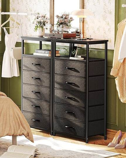 5 Drawers Dresser with Charging Station, Dresser for Bedroom, Tall Night Stand, Chest of Drawers with Open Shelf, Bedside Table Nightstand, Fabric Dresser Storage Drawers, for Entryway, Black - LeafyLoom