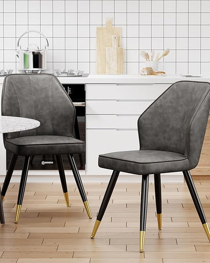 Faux Leather Dining Chairs Set of 2, Grey Mid Century Modern Kitchen Dining Room Chairs Upholstered Armless Accent Side Chairs with Metal Legs - LeafyLoom