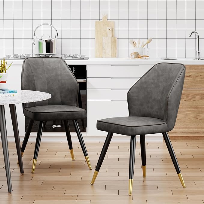 Faux Leather Dining Chairs Set of 2, Grey Mid Century Modern Kitchen Dining Room Chairs Upholstered Armless Accent Side Chairs with Metal Legs - LeafyLoom