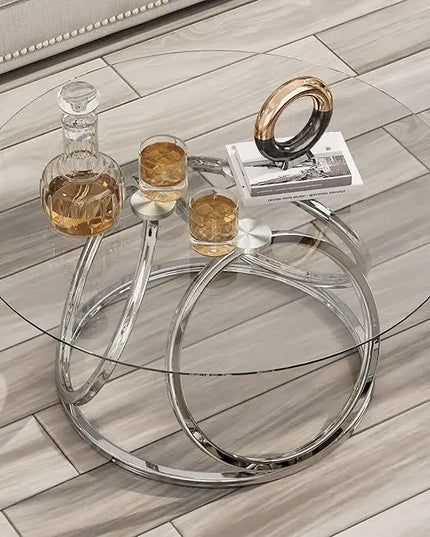 O&K FURNITURE Round Coffee Table, Modern Silver Coffee Table Living Room Table with Ring-Shaped Frames, Glass Coffee Table for Home&Office, Chrome Finish, 1 PC - LeafyLoom