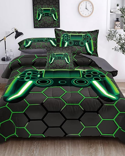 Kids Gaming Bedding Sets, 6 Piece Gamer Comforter Sets for Teens Boys Full Size for Bedroom Comforter Set Adult 3D Gamepad Microfiber Bedding Sets Fits All Season Full Size Comforter Sets - LeafyLoom