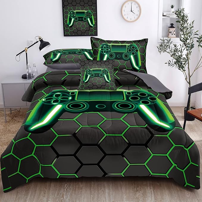 Kids Gaming Bedding Sets, 6 Piece Gamer Comforter Sets for Teens Boys Full Size for Bedroom Comforter Set Adult 3D Gamepad Microfiber Bedding Sets Fits All Season Full Size Comforter Sets - LeafyLoom