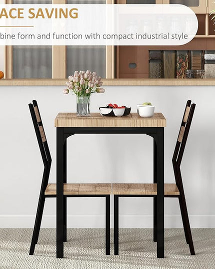 HOMCOM 3 Piece Dining Table Set for 2, Modern Kitchen Table and Chairs, Dining Room Set for Breakfast Nook, Small Space, Apartment, Space Saving, Light Wood Grain - LeafyLoom