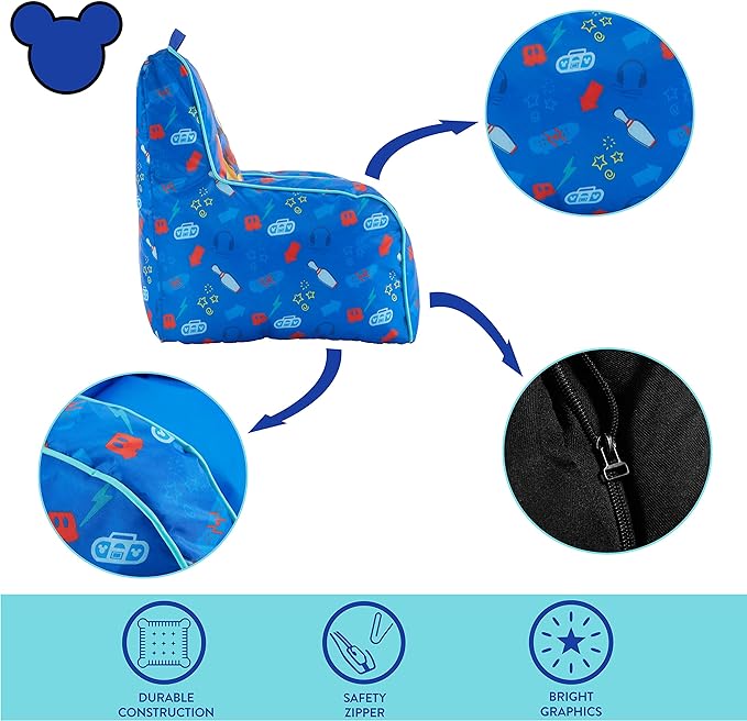 Idea Nuova Disney Mickey Mouse Kids Nylon Bean Bag Chair with Piping & Top Carry Handle, Large - LeafyLoom