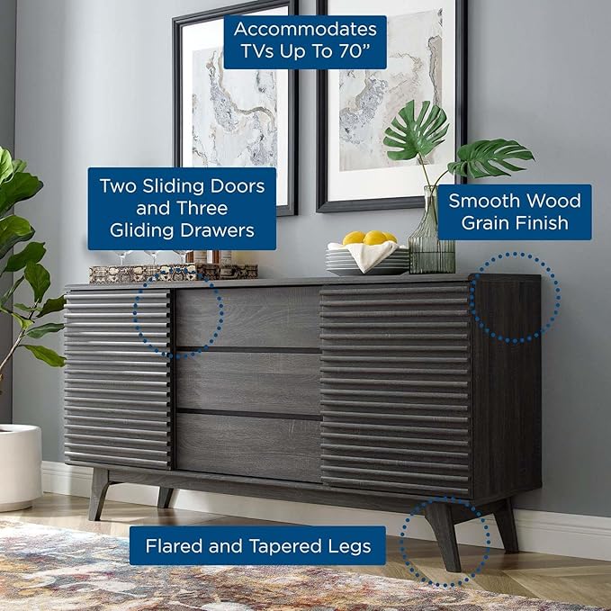 Modway Render 63" Mid-Century Modern Sideboard Buffet Table or TV Stand in Charcoal - LeafyLoom