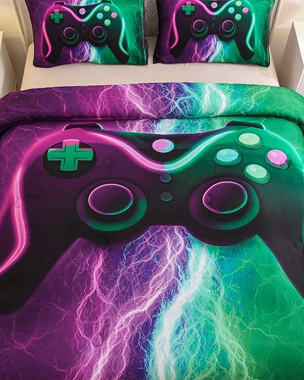 Meeting Story Gamer Comforter Sets for Boys Queen Size Tie Dye Lightnings Gamepad Bedding Set Games Console Action Buttons Novelty Colorful Modern Room Decor Home Quilt Set (Queen, Green-Purple) - LeafyLoom