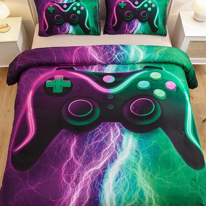 Meeting Story Gamer Comforter Sets for Boys Queen Size Tie Dye Lightnings Gamepad Bedding Set Games Console Action Buttons Novelty Colorful Modern Room Decor Home Quilt Set (Queen, Green-Purple) - LeafyLoom