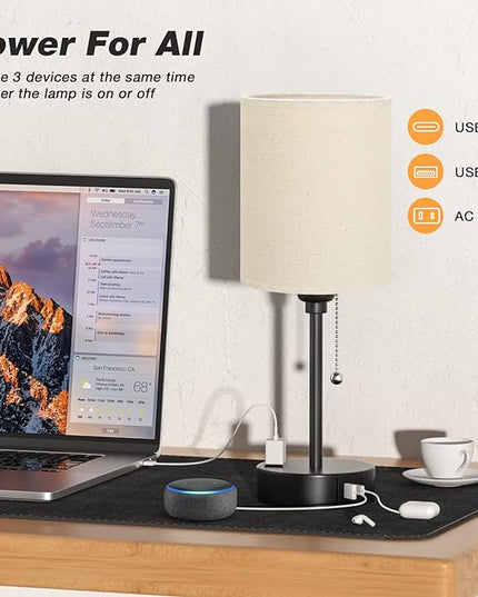 Beige Small Lamps 3 Levels Brightness - 2700K 3500K 5000K Bedside Lamps with USB C and A Ports, Pull Chain Table Lamps with AC Outlet, Nightstand Lamps with Black Metal Base for Bedroom Kids Reading - LeafyLoom