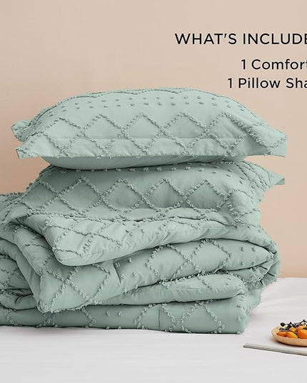 Bedsure Twin/Twin XL Comforter Set - Sage Green Boho Twin Extra Long Comforter Set for College, Shabby Chic Dorm Bedding Set, 2 Pieces Modern Farmhouse Bed Set, includes 1 Pillow Sham - LeafyLoom