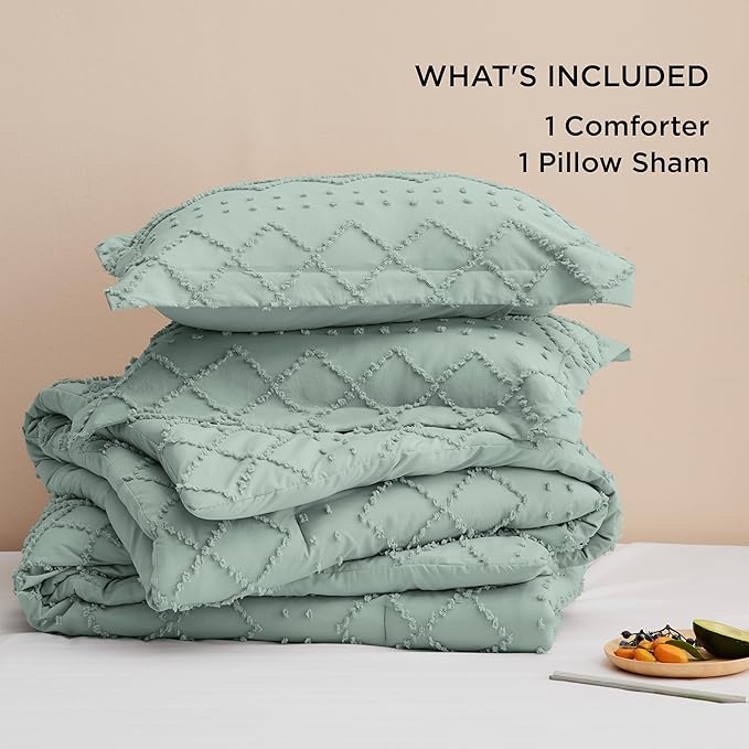 Bedsure Twin/Twin XL Comforter Set - Sage Green Boho Twin Extra Long Comforter Set for College, Shabby Chic Dorm Bedding Set, 2 Pieces Modern Farmhouse Bed Set, includes 1 Pillow Sham - LeafyLoom