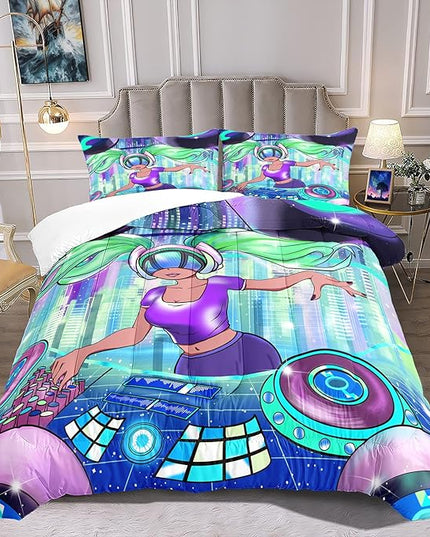 Black Girl Magic Comforter Set Queen Size, African American DJ Girl Pattern Soft Microfiber 3 Piece Quilt Set with 2 Pillowcases Queen Size Comforter Set Gifts for Black Women Girls - LeafyLoom