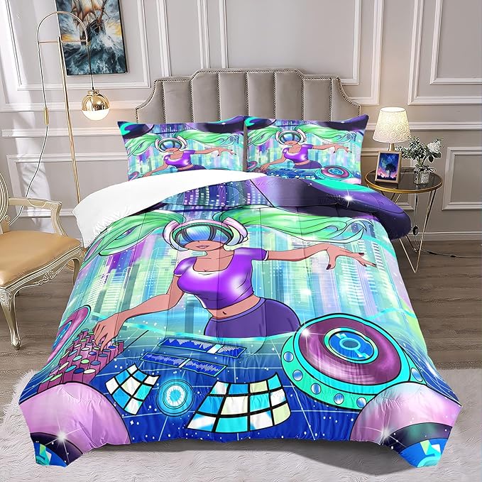 African American Comforter Sets for Girls, Full Size Comforter Set for Girls with Cool DJ Girl Pattern Soft Microfiber 3 Piece Quilt Set Green Pretty Girl Bedding Comforter Set with 2 Pillowcases - LeafyLoom