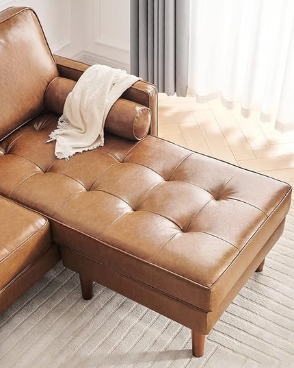 Vonanda Sectional Couch Sofa, L Shaped Couch Leather Sofa with Reversible Chaise and Bolster Pillows, Faux Leather Couch Small Couches for Living Room, Apartment and Small Space, Caramel - LeafyLoom