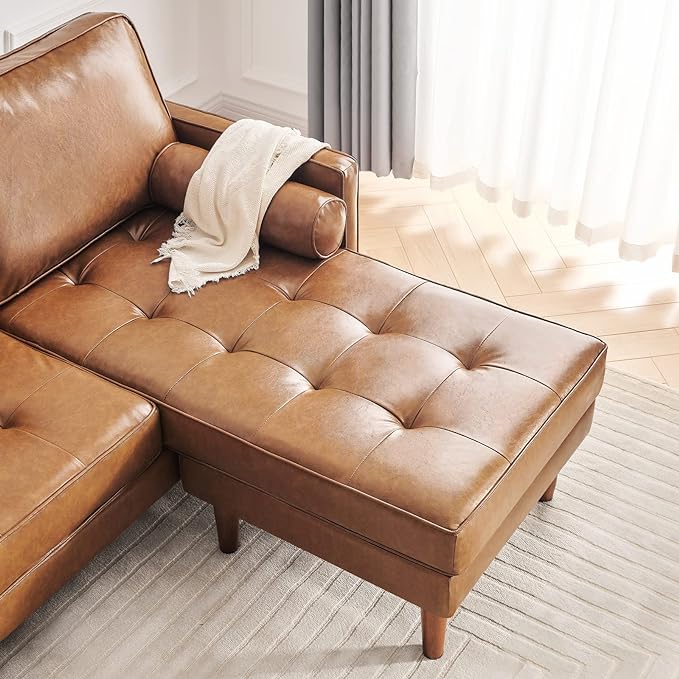 Vonanda Sectional Couch Sofa, L Shaped Couch Leather Sofa with Reversible Chaise and Bolster Pillows, Faux Leather Couch Small Couches for Living Room, Apartment and Small Space, Caramel - LeafyLoom