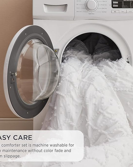 Bedsure Full Size Comforter Set - White Comforter, Boho Tufted Shabby Chic Bedding Comforter Set, 3 Pieces Vintage Farmhouse Bed Set for All Seasons, Fluffy Soft Bedding Set with 2 Pillow Shams - LeafyLoom