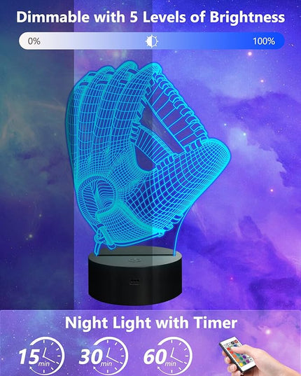FULLOSUN Baseball Night Light, Baseball Catcher Gifts, 3D Baseball Lamp for Xmas Holiday Birthday Gifts for Kids Baseball Fan with Remote Control 16 Colors Changing + 4 Changing Mode + Dim Function … - LeafyLoom
