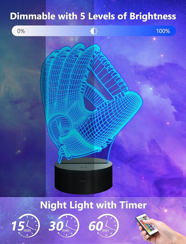 FULLOSUN Baseball Night Light, Baseball Catcher Gifts, 3D Baseball Lamp for Xmas Holiday Birthday Gifts for Kids Baseball Fan with Remote Control 16 Colors Changing + 4 Changing Mode + Dim Function … - LeafyLoom