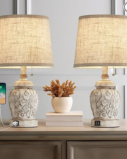 19.5" Vintage Rustic Table Lamp Set of 2 Farmhouse Table Lamps for Living Room Bedroom Decor with USB Ports Traditional Carved Floral White Bedside Night Light Lamps with Pull Chain Switch - LeafyLoom
