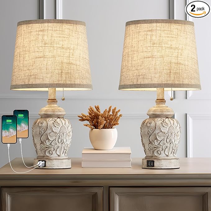 19.5" Vintage Rustic Table Lamp Set of 2 Farmhouse Table Lamps for Living Room Bedroom Decor with USB Ports Traditional Carved Floral White Bedside Night Light Lamps with Pull Chain Switch - LeafyLoom