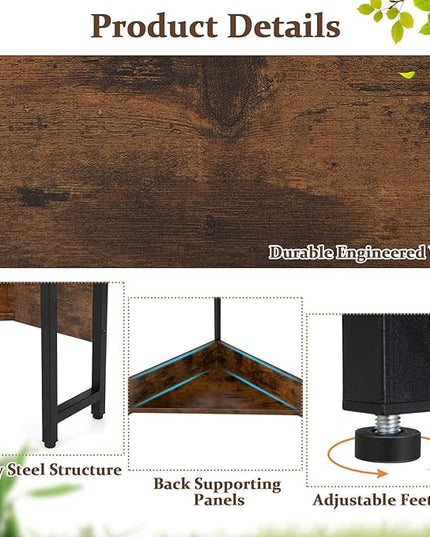 Corner Desk with Charging Station & USB Port, 90-degree Triangle Computer Workstation w/Storage Shelf, Metal Frame, Space-saving Laptop PC Desk for Small Space, Home Office (Rustic Brown) - LeafyLoom